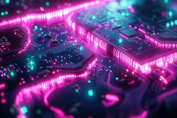 Poster - Cyberpunk motherboard with glowing neon pink circuits and turquoise accents, reflecting future tech and advanced connectivity.