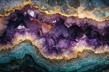 Poster - A mesmerizing geode showcasing sparkling amethyst crystals framed by golden accents and layers of blue and gray agate.