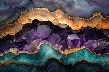 Fototapete - A mesmerizing geode showcases layers of amethyst crystals bordered by amber and teal mineral formations, intricate geological beauty.