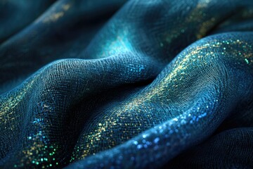 Aufkleber - Close-up shot of flowing blue fabric with glittery gold highlights, emphasizing textures and light.