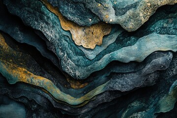 Poster - Abstract textured layers in shades of blue, gray, and gold, resembling geological formations or flowing, weathered surfaces.