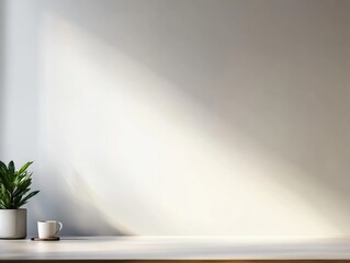 Poster - Bright sunlight illuminates a minimalist workspace with a potted plant and a coffee cup on a wooden table