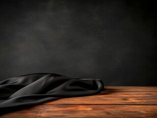 Leinwandbilder - Black fabric draped on wooden table against dark backdrop in a minimalistic setting for artistic purposes