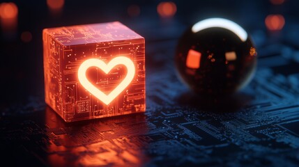 Glowing Quantum Encryption Cube is Encircled by a Digital Light Matrix Representing the Concept of Future Internet