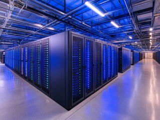 Aufkleber - Modern data center showcasing rows of servers illuminated by blue lighting in a high-tech facility