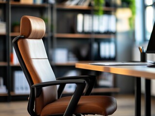 Leinwandbilder - Modern office workspace with a focus on a stylish ergonomic chair and a wooden desk surrounded by organized shelves