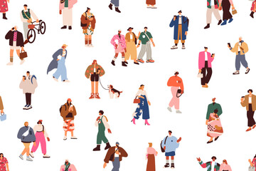 Fototapete - Modern people crowd, seamless pattern. Fashion style characters walking on street, city lifestyle, endless background design, repeating print with tiny men, women outdoors. Flat vector illustration