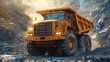 © AnnurulAtiyatun - A large yellow dump truck driving on a rough rocky surface