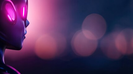 Aufkleber - Close-up view of a female robot showcasing metallic features and glowing purple accents against a dark gradient background, suggesting a futuristic atmosphere