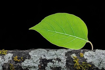 a single leaf with a tiny patch of lichen growing on its delicate surface
