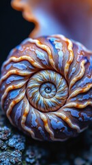 Fototapete - Beautiful and Intricate Close-up of a Colorful Nautilus Shell with Spiraling Patterns and Soft Light Effects Captivating Nature Inspiration