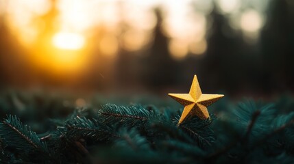 Poster - A golden star tree topper rests beautifully on evergreen branches, illuminated by a soft, warm glow from the setting sun in the background