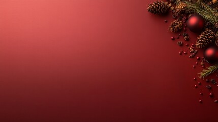 Aufkleber - Holiday decorations are artistically scattered on a vibrant red background, featuring pinecones, shiny baubles, and fir sprigs, leaving room for text or design