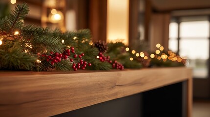 Aufkleber - Decorative pine garland with fairy lights and crimson berries rests on a wooden mantelpiece, creating a warm and inviting atmosphere in a cozy living room