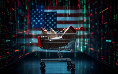 Poster - A shopping cart filled with goods sits against an American flag backdrop. The scene is set in a digital tunnel, hinting at online commerce and global supply chains. The image hints at the impact of co