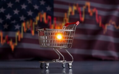 Poster - A shopping cart, spotlighted, reflects the US flag's backdrop and fluctuating financial data. Symbolizing commerce and economic shifts within the nation. The mood is serious.