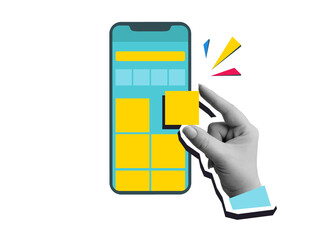 Hand adding interface element to phone screen with app layout. UI UX design. Modern collage style. Illustration on transparent background