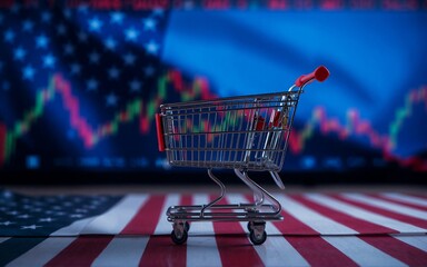 Aufkleber - A shopping cart sits on a surface with a flag behind it. The background has a stock chart, possibly hinting at the impact of markets on shopping or consumerism.