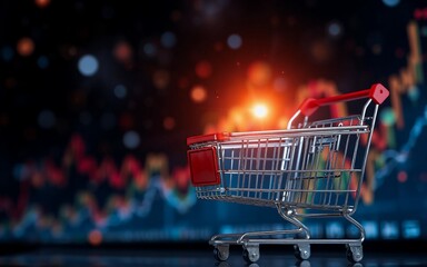 Poster - A miniature shopping cart stands in focus, set against a blurred backdrop of financial graphs and bokeh lights, suggesting market activity.