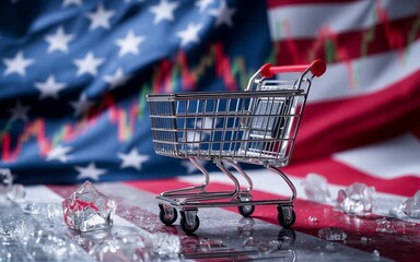 Aufkleber - An empty shopping cart sits before the nation's flag, with market fluctuations behind it, and reflective fragments. This depicts ideas related to economics and business.