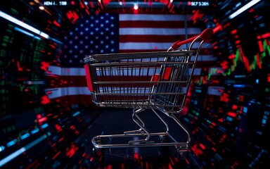 Aufkleber - A shopping cart is positioned in front of the American flag. The backdrop features stock market data streaming, representing consumerism within the nation's economic performance.