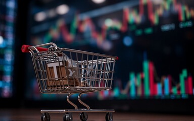 Aufkleber - Image depicts a small shopping cart filled with packages in front of a financial data display screen with trading graph. The cart appears at the foreground.