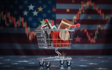Aufkleber - A miniature shopping cart filled with various items sits against the backdrop of an American flag and a stock chart, symbolizing economic trends and consumerism. The overall scene hints at financial a