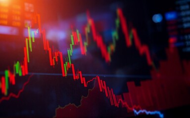 Poster - This image presents a graph displaying fluctuating financial data, possibly depicting market trends. Red and green lines weave across the dark background, showing rises and falls. The graph is lit wit