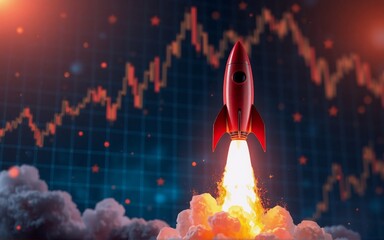 Aufkleber - A red rocket blasts off with a backdrop of fluctuating stock market trends. Hints of success and market volatility are visible, symbolizing progress and potential risks. The image conveys growth and f