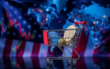 Aufkleber - An image of a small shopping cart filled with metallic discs, set against a backdrop of a map, financial charts and the US flag, suggesting economics or commerce.