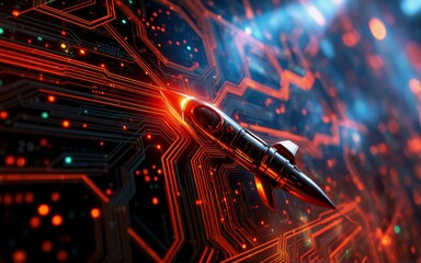 Fototapete - A futuristic rocket launches across a circuit board, hints of energy and speed. This hints at innovation and exploration within a technological world. The vibrant colors create an exciting and dynamic