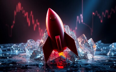 Aufkleber - A red rocket launches amidst icy formations, fueled by fiery propulsion, against a backdrop of a fluctuating chart, hints at market volatility.