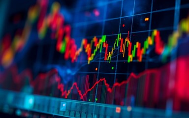 Fototapete - An image showcasing a digital display. It features fluctuating lines and a grid, suggesting trends, data, and markets. The colors are vibrant, creating a dynamic visual representation. Hints: finance,