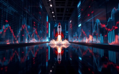 Poster - The image showcases a futuristic scene: a rocket launches amidst data charts, a reflective surface amplifying the vibrant hues, the trajectory suggestive of financial growth.