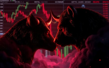 Aufkleber - A powerful image showcasing a bull and a bear in a confrontation. The backdrop displays stock market data in a red-tinted environment, implying an investment atmosphere. There are clouds.