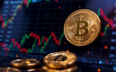 Fototapete - Image: Bitcoin with a trading chart background. Digital currency value fluctuates. Cryptocurrency investment and financial growth are highlighted in this digital image. Economic indicators and market 