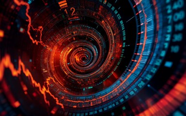 Poster - Dynamic swirling data visualization with orange and blue hues depicts technological advancement and complex systems. Hint: spiral tunnel.