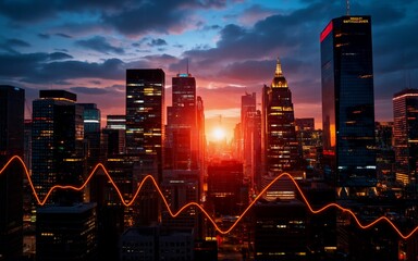 Aufkleber - A cityscape at sunset with buildings silhouetted against a colorful sky. An orange waveform overlays the scene, hinting at financial activity or an economy's performance. The bright sun creates a vibr