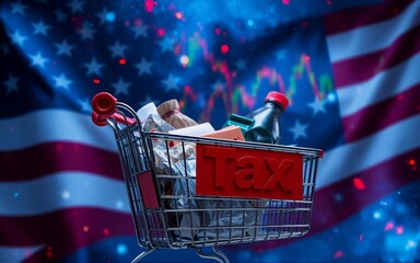 Aufkleber - The image showcases a shopping cart overflowing with items against the backdrop of an American flag and financial data. The cart, bearing the word 