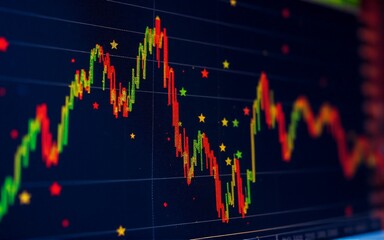 Poster - **Description:**
A close-up of a colorful financial chart. Green and red lines zig-zag across a dark background. Scattered stars decorate the data, showing the potential for growth and decline, influe