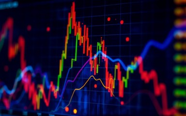 Poster - Visualizing financial data using colorful lines and points in a dark background. It represents market trends, analysis, and investment fluctuations. The chart displays patterns of growth and decline.