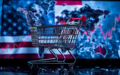 Aufkleber - An empty shopping cart, representing consumerism, stands before a backdrop of a world map overlaid on the flag of a certain nation. Red and blue hues dominate. Economic implications hinted at.
