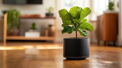 Poster - Bright natural light floods a modern loft showcasing a fiddle-leaf fig on a wooden floor, enhancing the clean aesthetic with ample copy space available