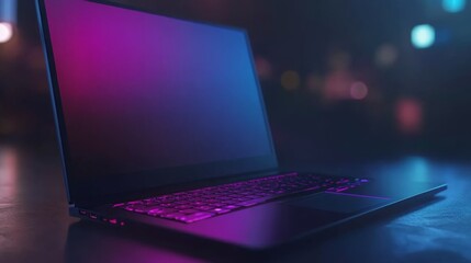 Aufkleber - A vibrant laptop radiates blue and pink light within a dark environment, embodying a modern, tech-inspired aesthetic with ample copy space