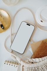 Wall Mural - Flat Lay of Neutral Stationery, Tech, and Eco Bag, Earthy Vibe