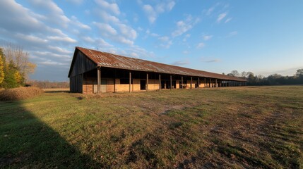 Poster - Rustic barn stands in a rural landscape, illuminated by strong midday sunlight showcasing its weathered details against the vibrant scenery. Copy space available