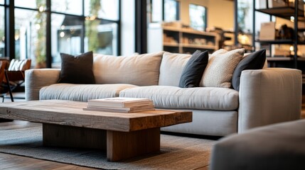 Poster - Soft gray sofa with textured cushions complements a rustic coffee table, enhanced by warm lighting that invites comfort and style in the living space