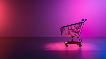 Poster - Minimalist shopping cart stands prominently on a glowing gradient neon background highlighting its sleek metallic design with digital grid elements