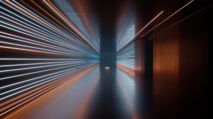 Fototapete - Bright blue and white laser lines converge towards a central light, forming an abstract tunnel that evokes depth and dynamic motion in a commercial photography setting