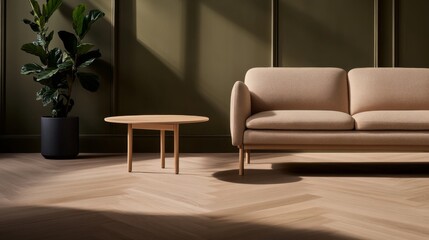 Leinwandbilder - Empty living room showcases parquet flooring, a beige sofa, and a round coffee table beside a leafy plant, highlighting a serene and uncluttered decor